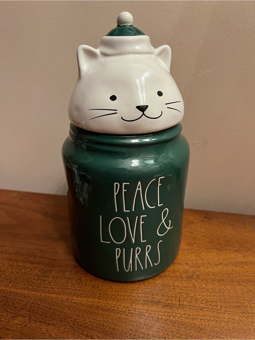 Rae Dunn Ceramic Cat Treat Jar in Green - Peace Love & Purrs